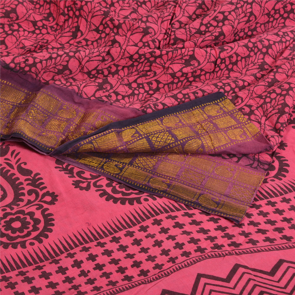 Sanskriti Vintage Sarees Pink/Black Block Print Zari Work PureCotton Sari Fabric