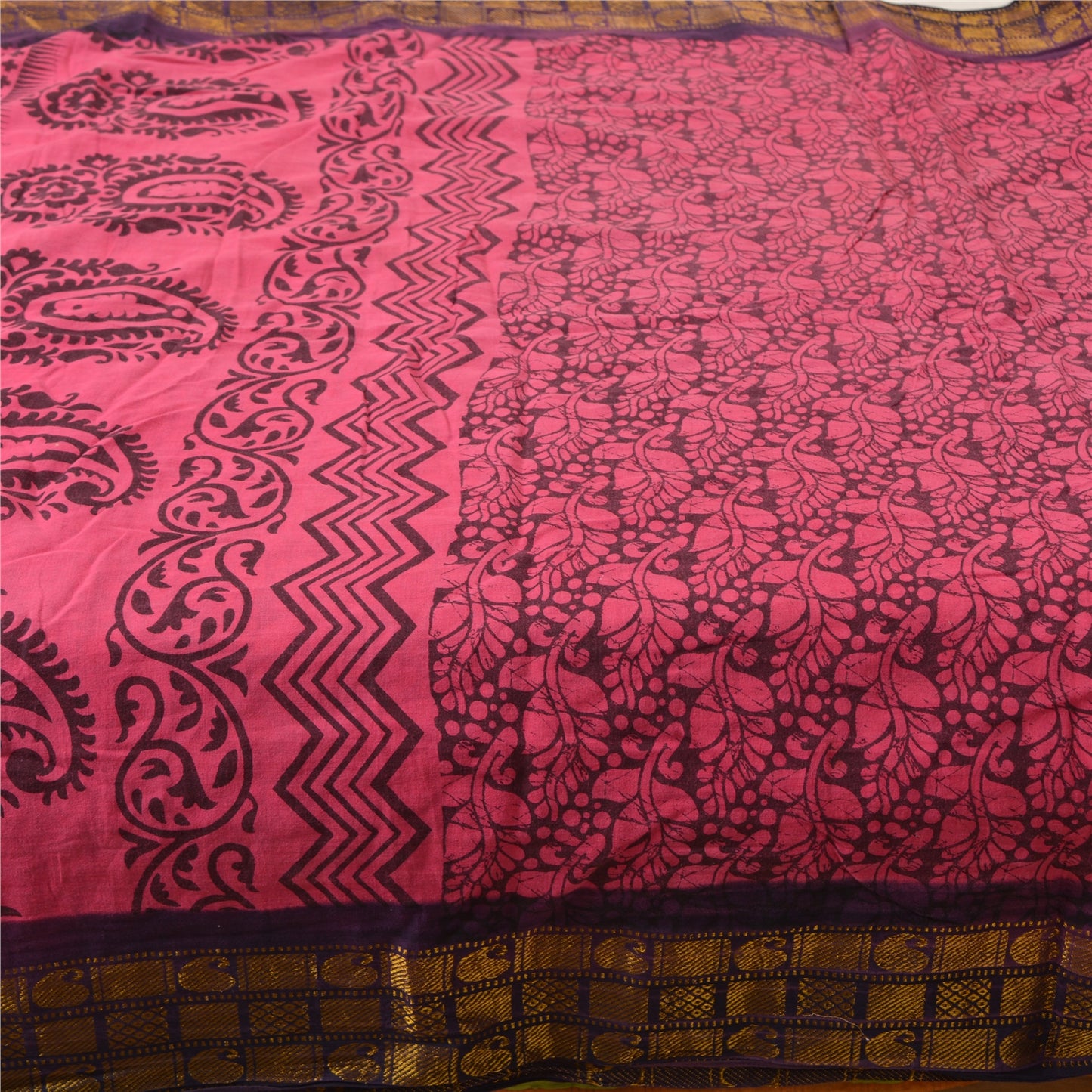 Sanskriti Vintage Sarees Pink/Black Block Print Zari Work PureCotton Sari Fabric