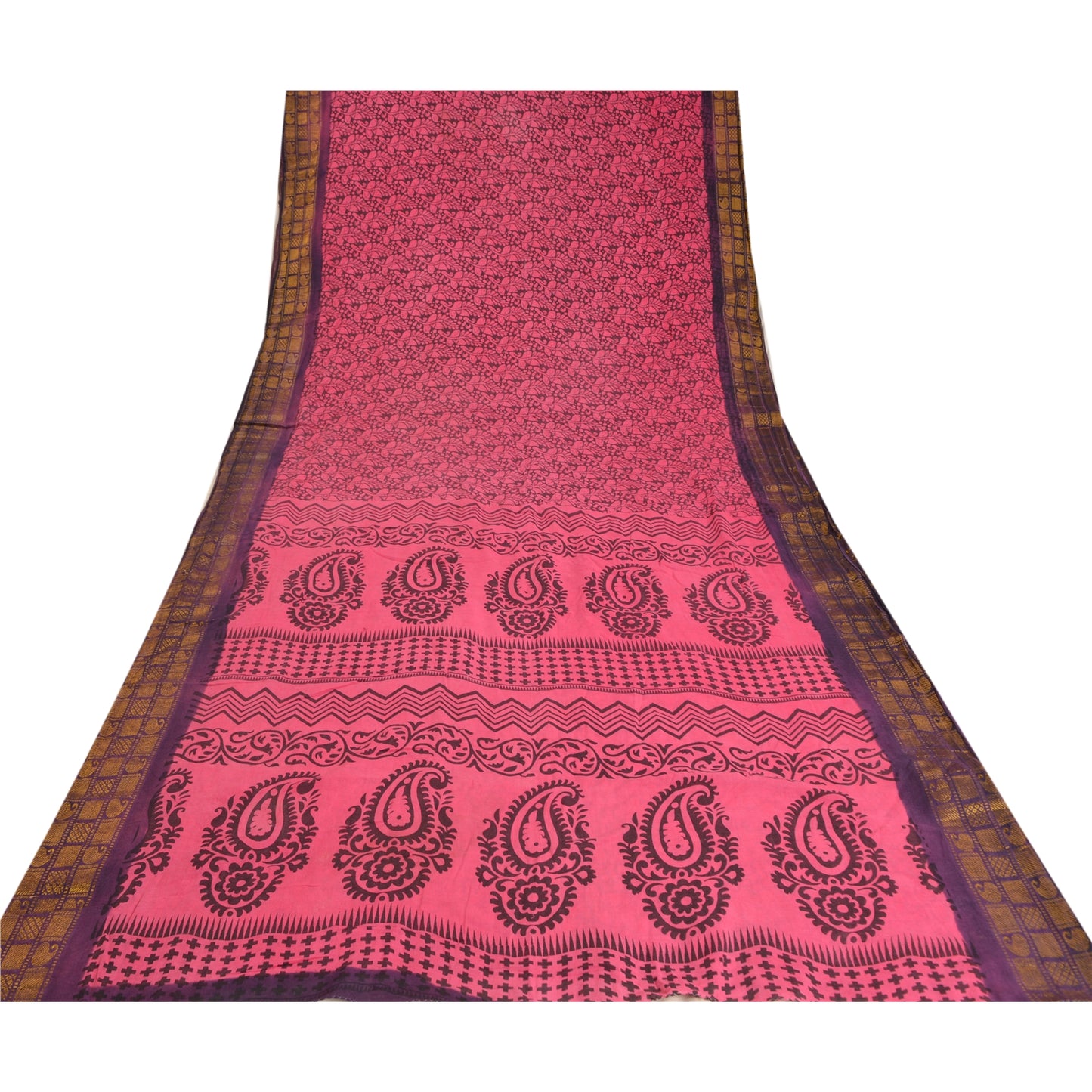 Sanskriti Vintage Sarees Pink/Black Block Print Zari Work PureCotton Sari Fabric