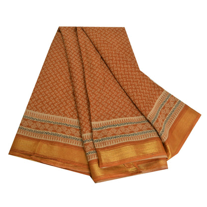 Sanskriti Vintage Sarees Brown Zari Border Pure Cotton Printed Sari Craft Fabric