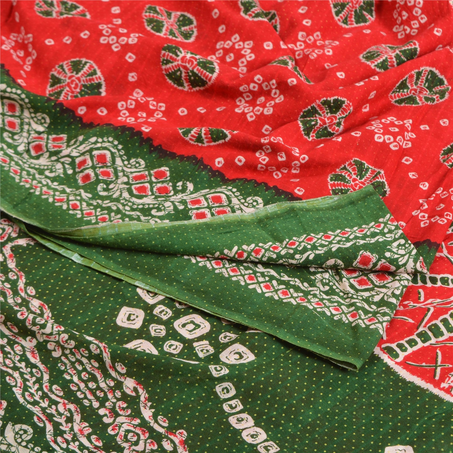 Sanskriti Vintage Sarees Red/Green Bandhani/Batik Print Pure Cotton Sari Fabric