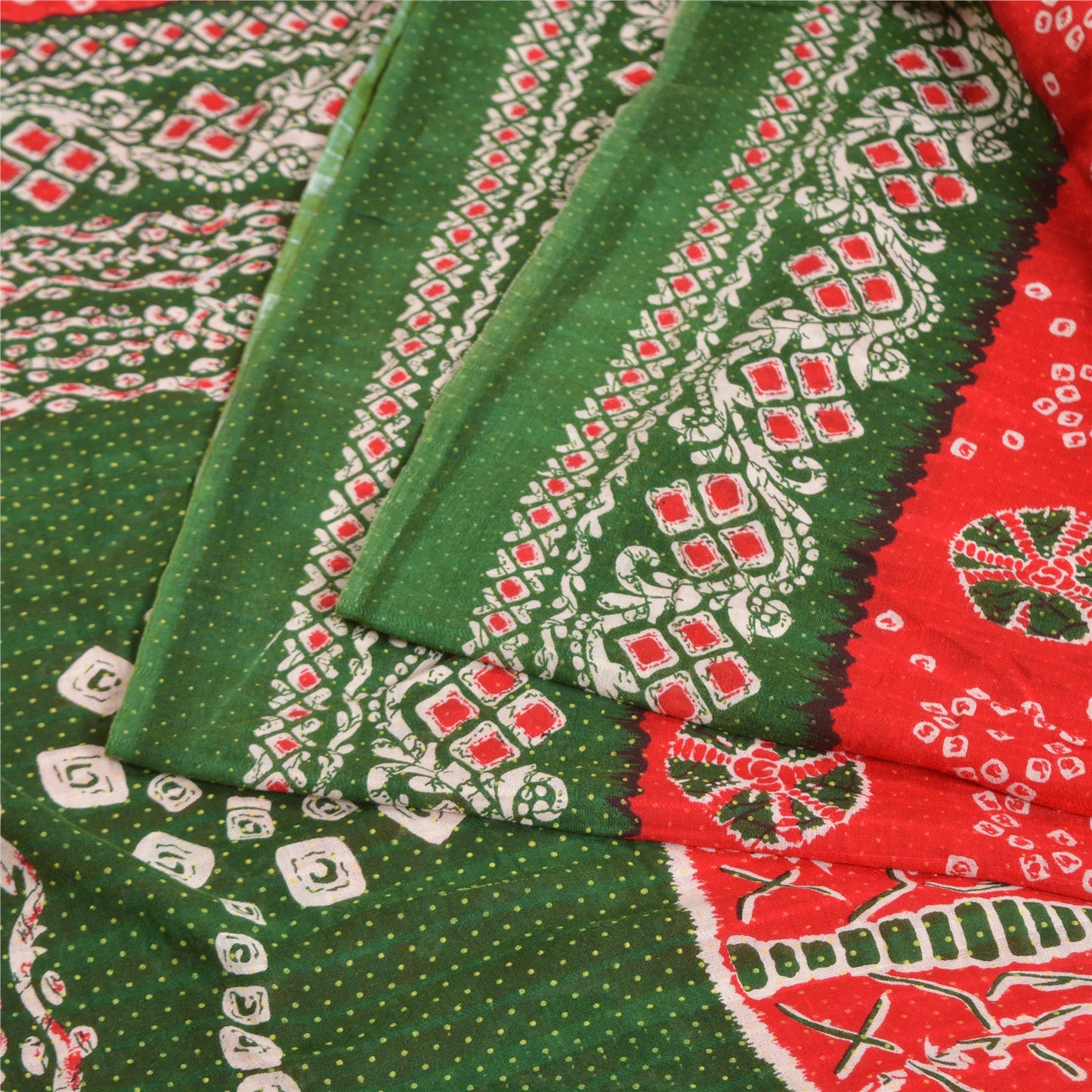 Sanskriti Vintage Sarees Red/Green Bandhani/Batik Print Pure Cotton Sari Fabric