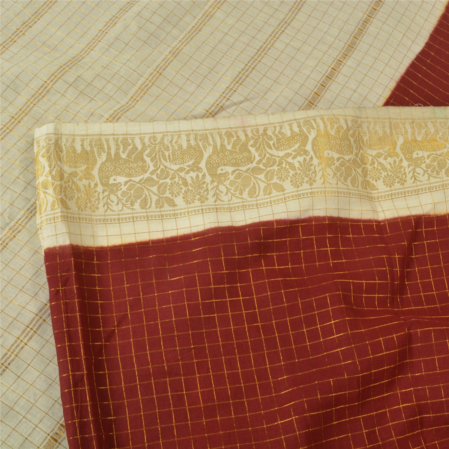 Sanskriti Vintage Sarees Red/Cream Zari Woven Pure Cotton Sari 5yd Craft Fabric