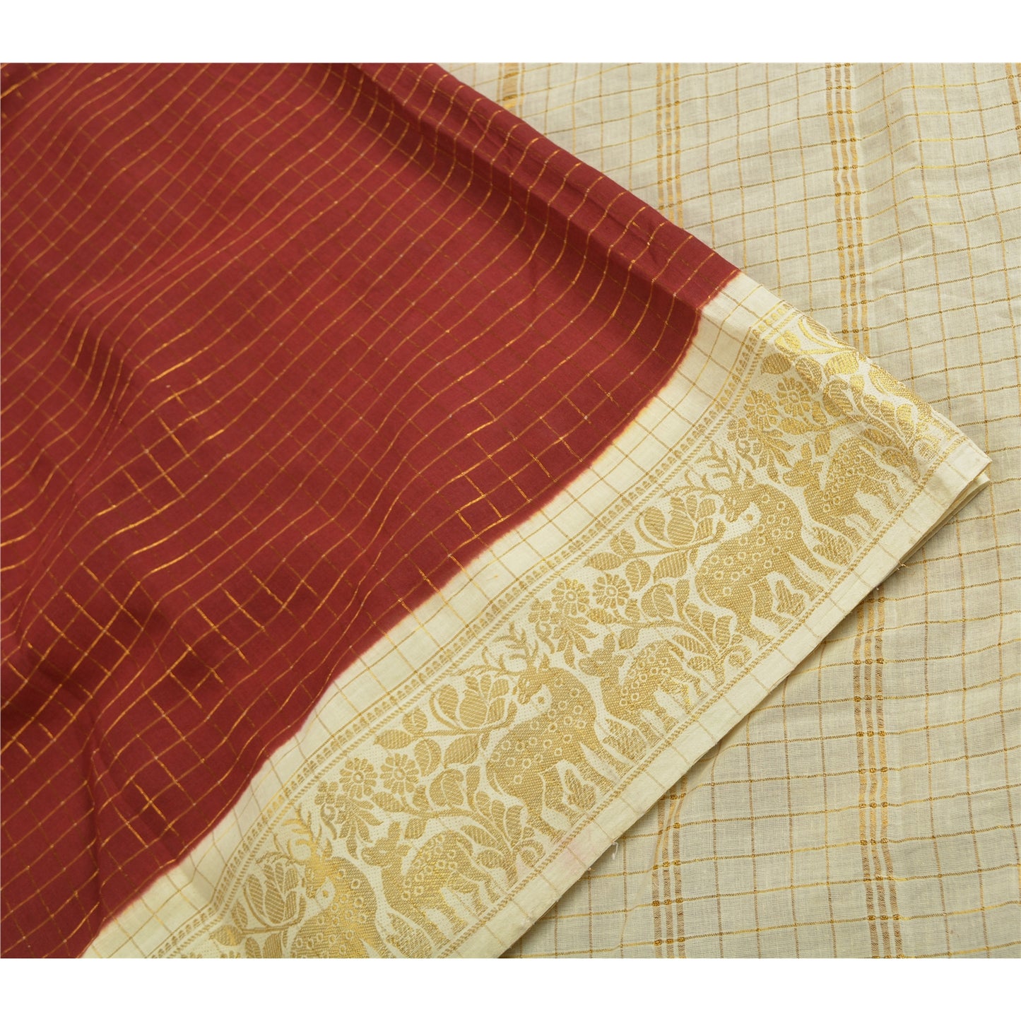 Sanskriti Vintage Sarees Red/Cream Zari Woven Pure Cotton Sari 5yd Craft Fabric