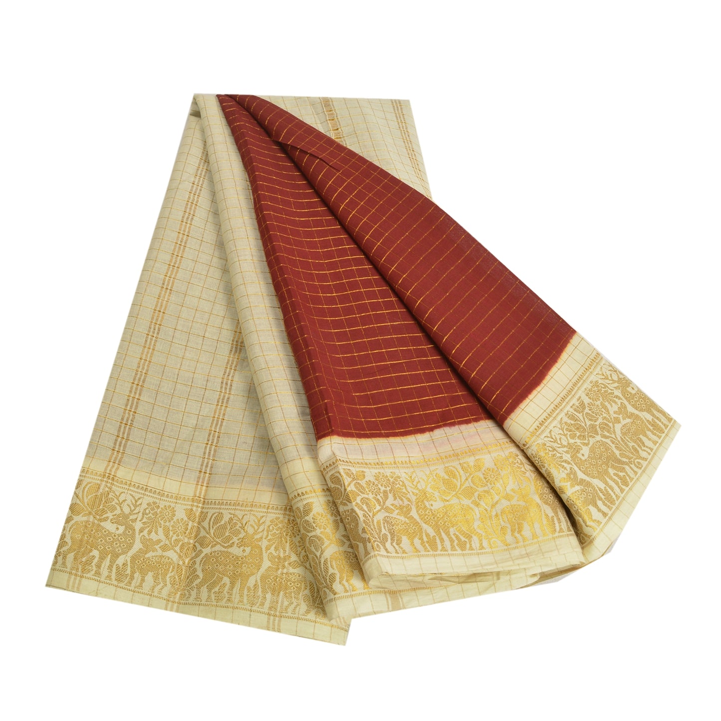 Sanskriti Vintage Sarees Red/Cream Zari Woven Pure Cotton Sari 5yd Craft Fabric