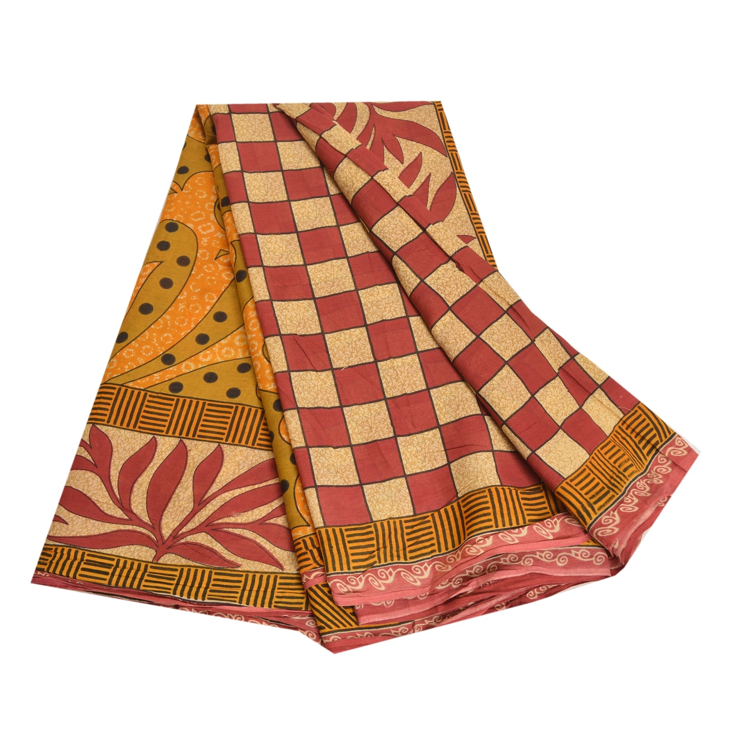 Sanskriti Vintage Sarees Indian Red Pure Cotton Printed Sari 5yd Craft Fabric