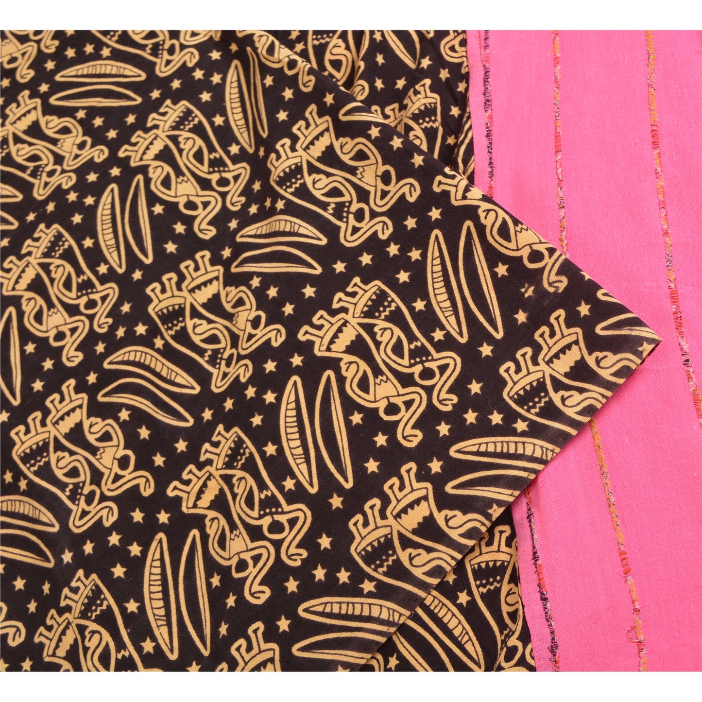 Sanskriti Vintage Sarees Pink/Black Human Printed Pure Cotton Sari Craft Fabric