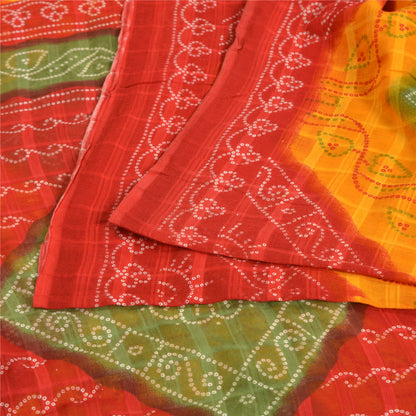 Sanskriti Vintage Sarees Yellow/Red Bandhani Print Pure Cotton Sari Craft Fabric