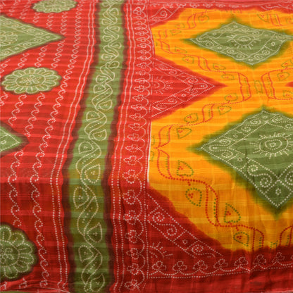 Sanskriti Vintage Sarees Yellow/Red Bandhani Print Pure Cotton Sari Craft Fabric