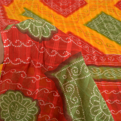 Sanskriti Vintage Sarees Yellow/Red Bandhani Print Pure Cotton Sari Craft Fabric