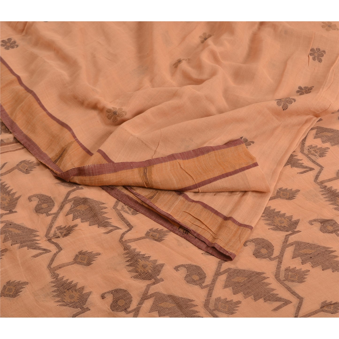 Sanskriti Vintage Sarees Peach Jamdani Hand Woven Pure Cotton Sari Craft Fabric