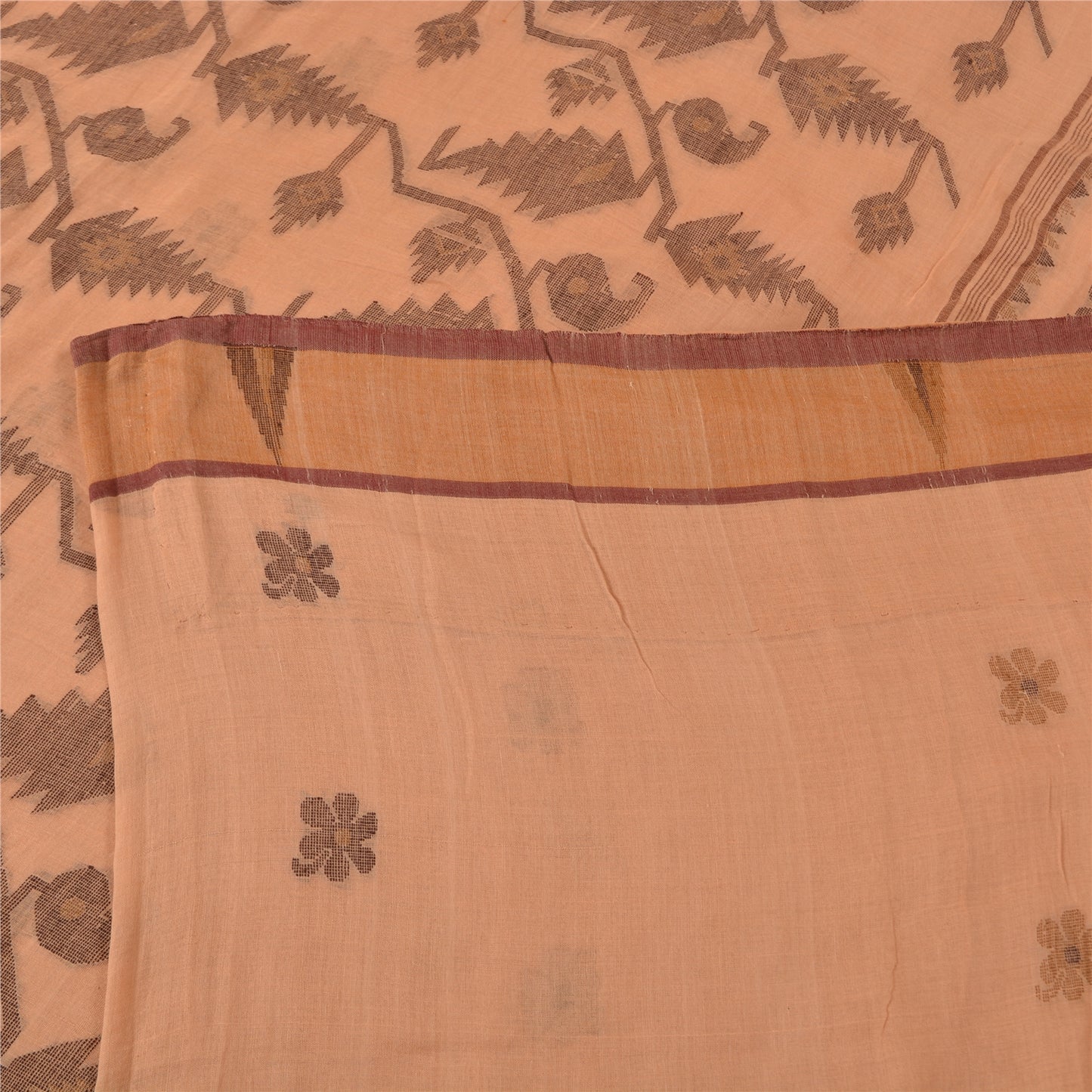 Sanskriti Vintage Sarees Peach Jamdani Hand Woven Pure Cotton Sari Craft Fabric