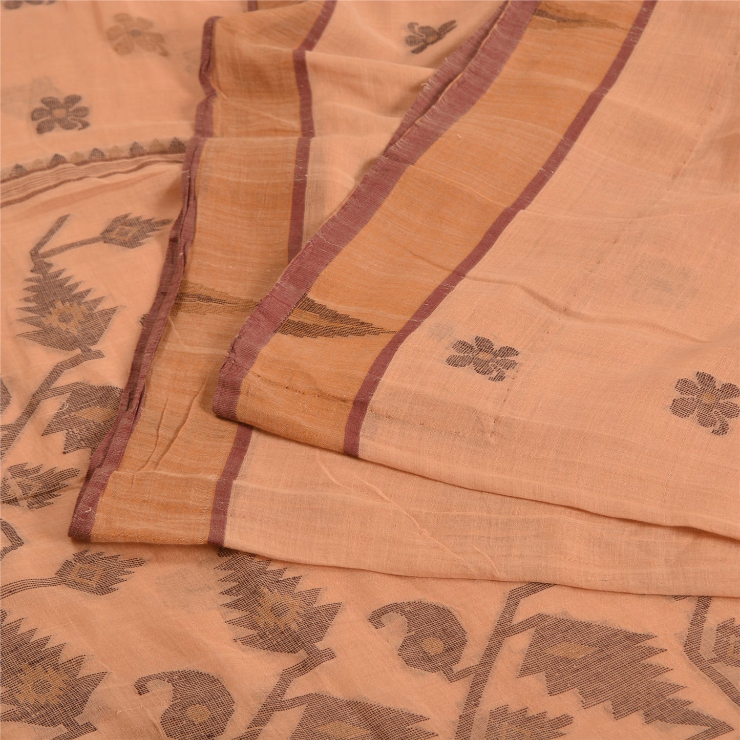 Sanskriti Vintage Sarees Peach Jamdani Hand Woven Pure Cotton Sari Craft Fabric