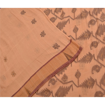 Sanskriti Vintage Sarees Peach Jamdani Hand Woven Pure Cotton Sari Craft Fabric