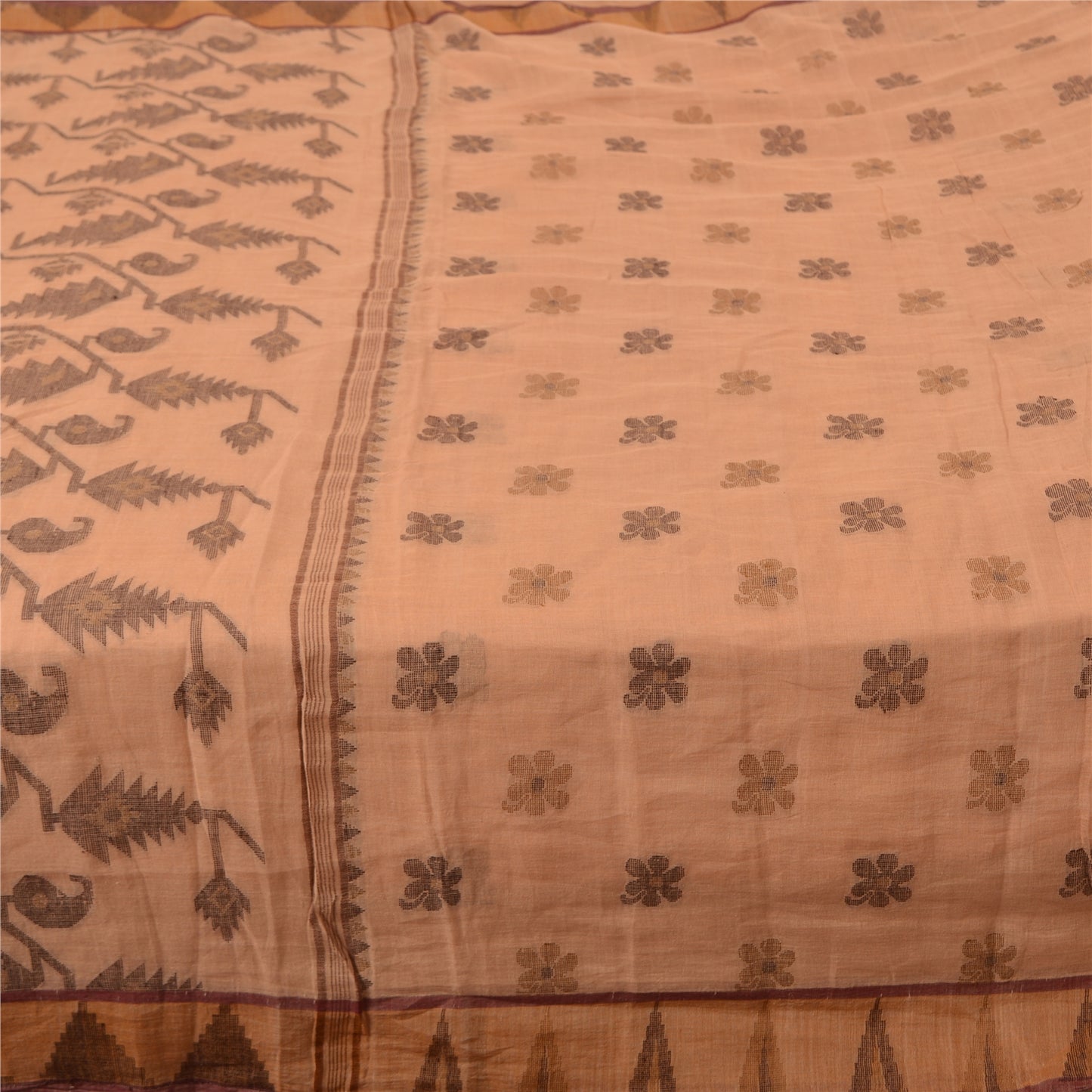 Sanskriti Vintage Sarees Peach Jamdani Hand Woven Pure Cotton Sari Craft Fabric