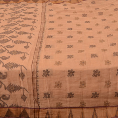 Sanskriti Vintage Sarees Peach Jamdani Hand Woven Pure Cotton Sari Craft Fabric