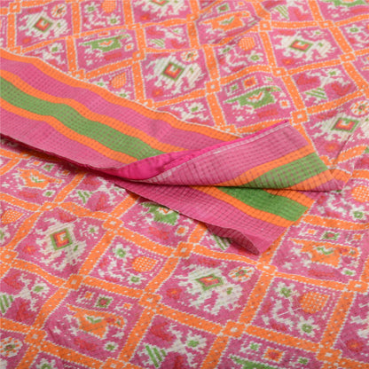 Sanskriti Vintage Sarees Pink Patan Patola Printed Pure Cotton Sari Craft Fabric