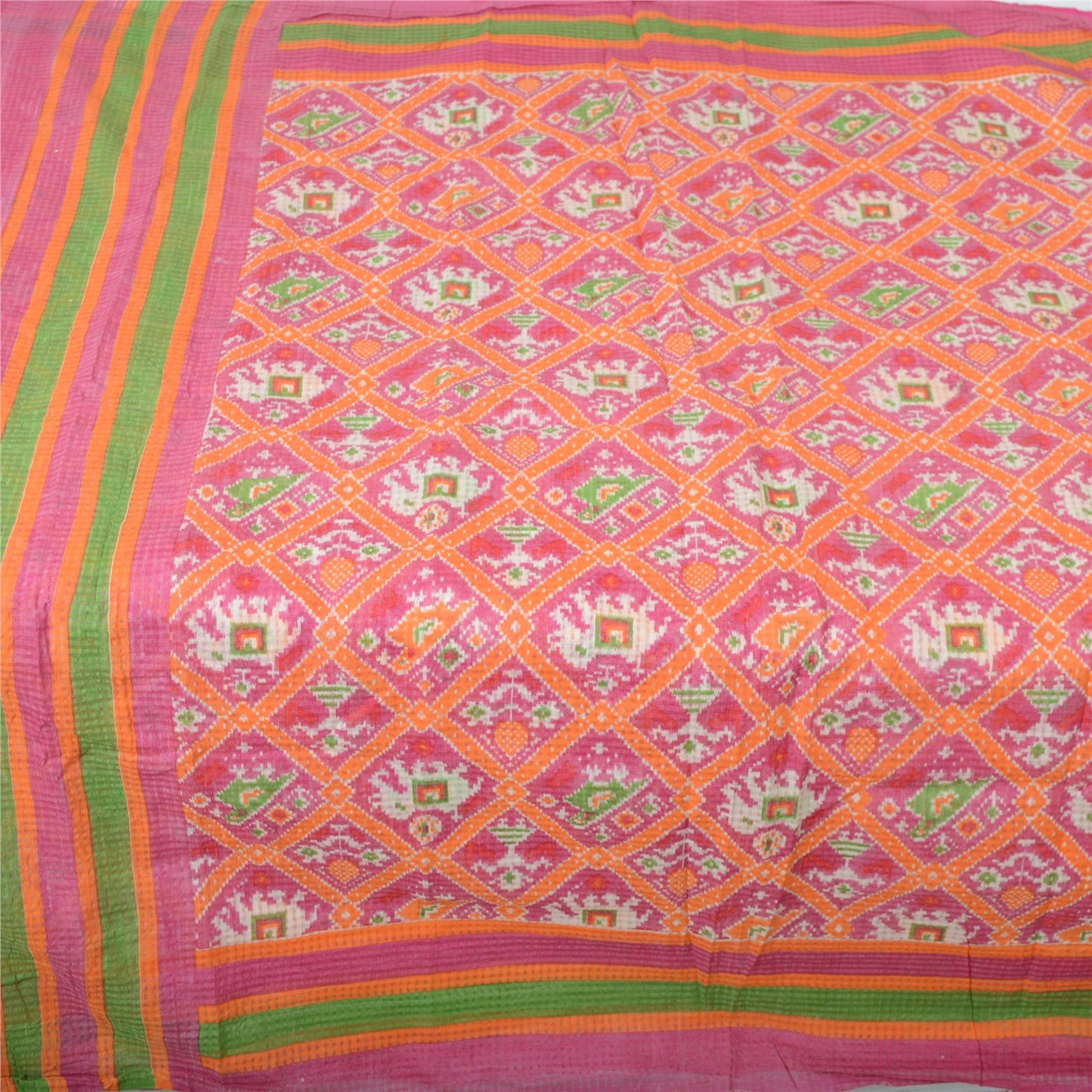 Sanskriti Vintage Sarees Pink Patan Patola Printed Pure Cotton Sari Craft Fabric