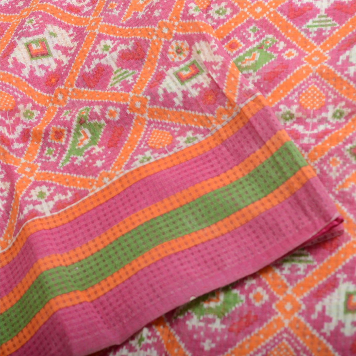 Sanskriti Vintage Sarees Pink Patan Patola Printed Pure Cotton Sari Craft Fabric