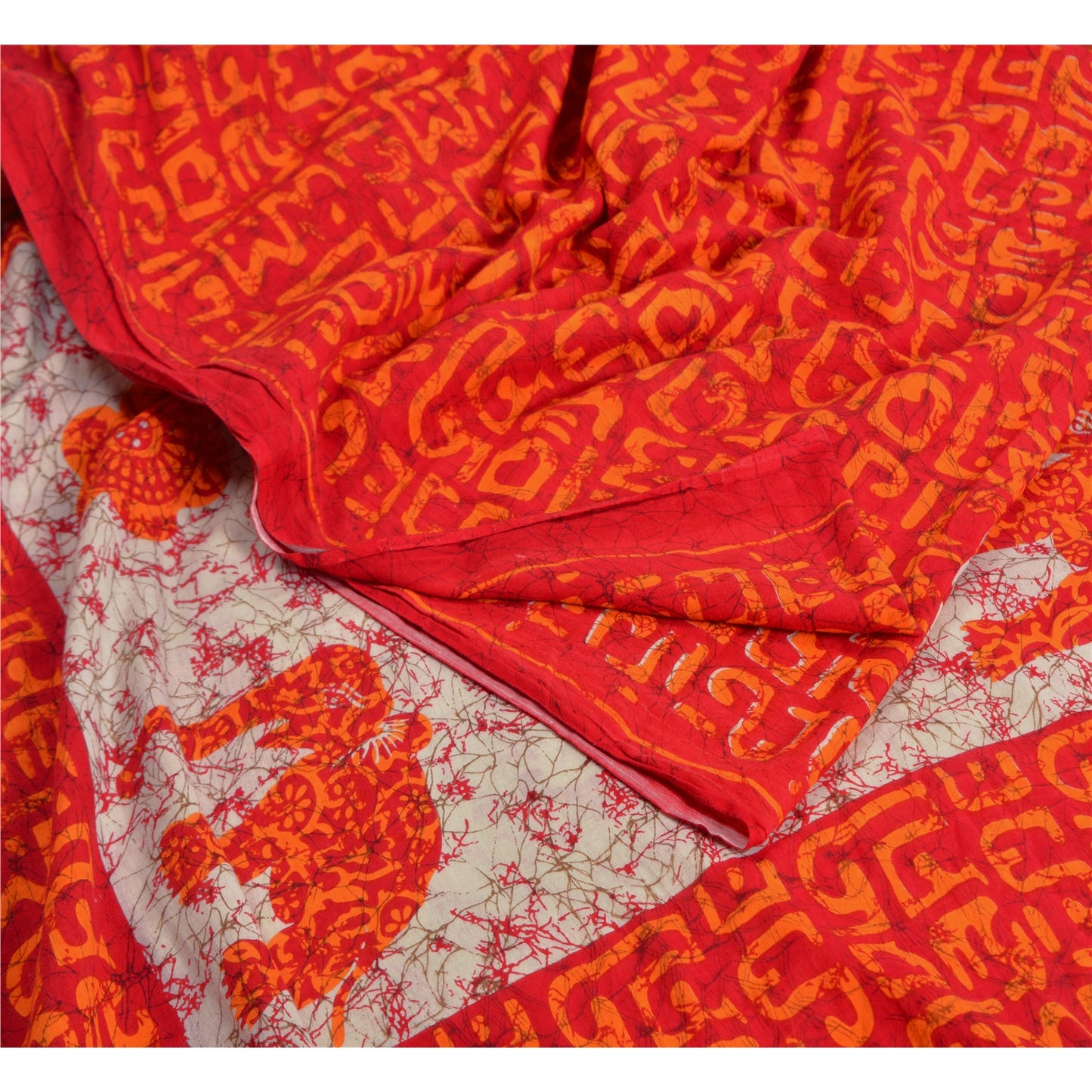 Sanskriti Vintage Sarees Red/Ivory Batik Printed Pure Cotton Sari Craft Fabric