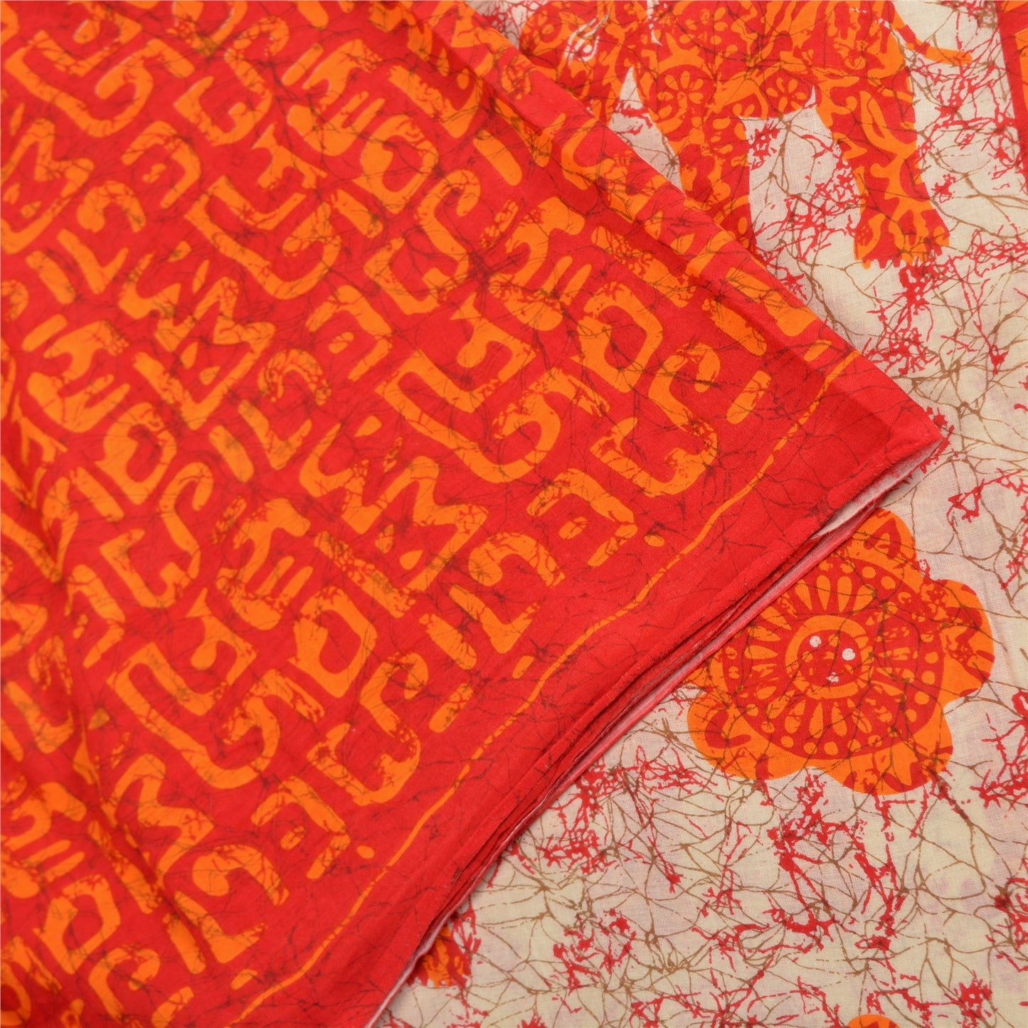 Sanskriti Vintage Sarees Red/Ivory Batik Printed Pure Cotton Sari Craft Fabric