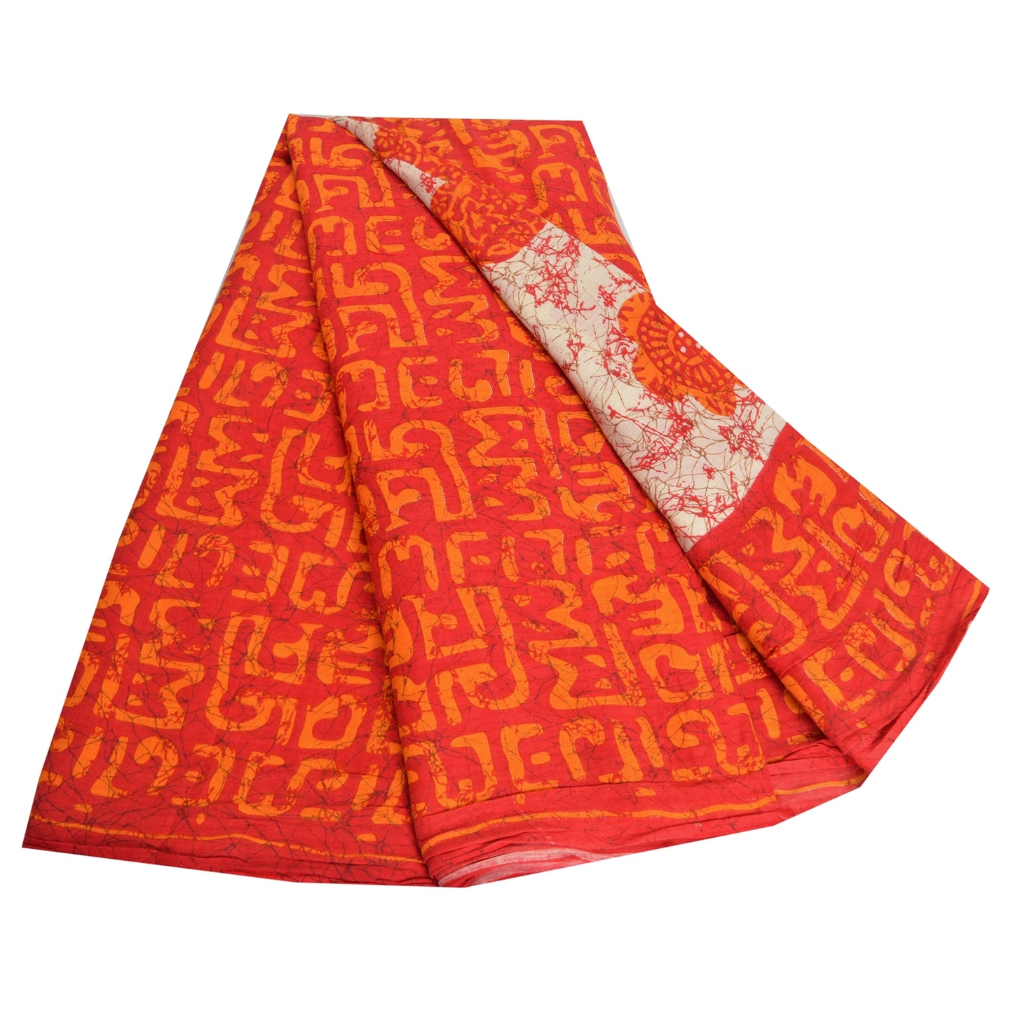 Sanskriti Vintage Sarees Red/Ivory Batik Printed Pure Cotton Sari Craft Fabric