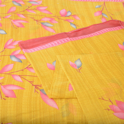 Sanskriti Vintage Sarees Indian Yellow Pure Cotton Printed Sari 5yd Craft Fabric