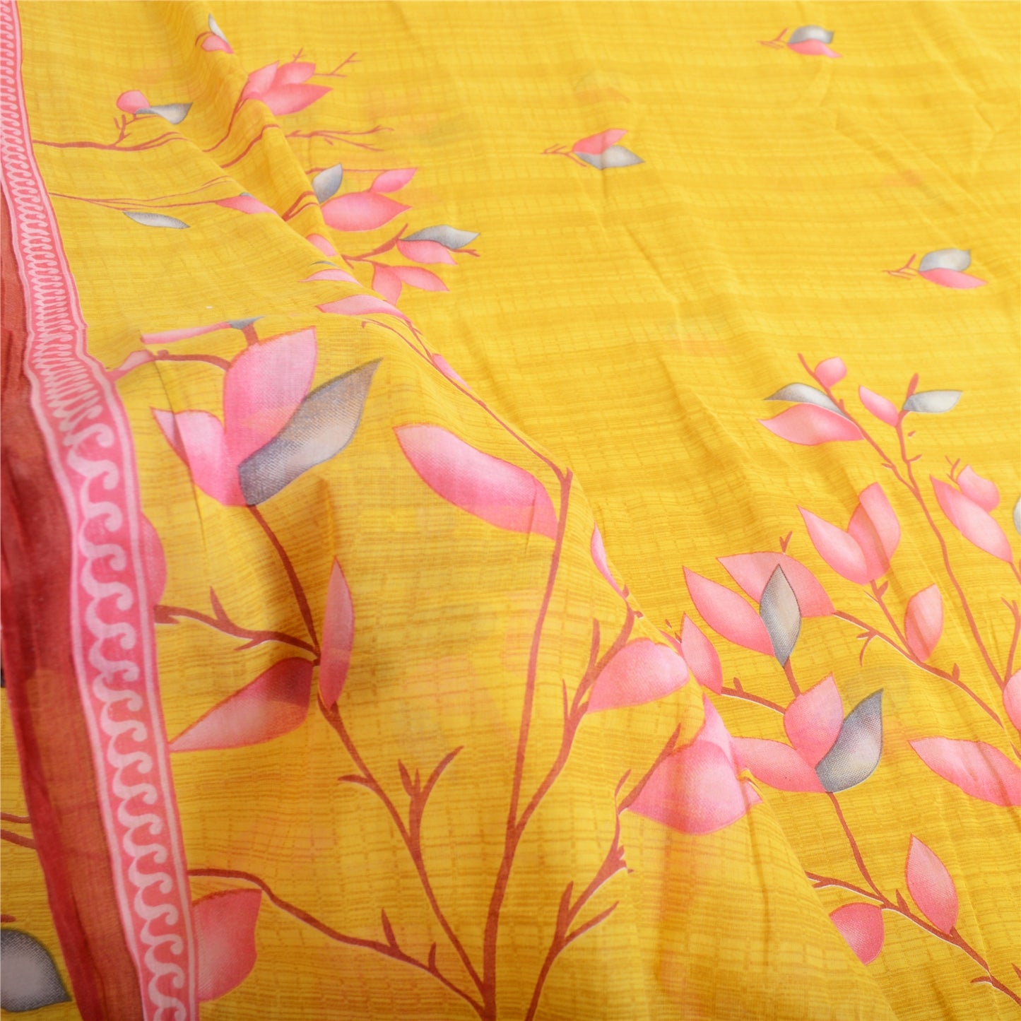 Sanskriti Vintage Sarees Indian Yellow Pure Cotton Printed Sari 5yd Craft Fabric