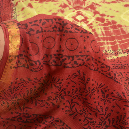 Sanskriti Vintage Sarees Green/Red Bandhani Kota Woven Pure Cotton Sari Fabric