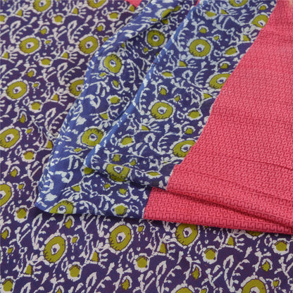 Sanskriti Vintage Sarees Pink/Purple Pure Cotton Printed Sari 5yd Craft Fabric