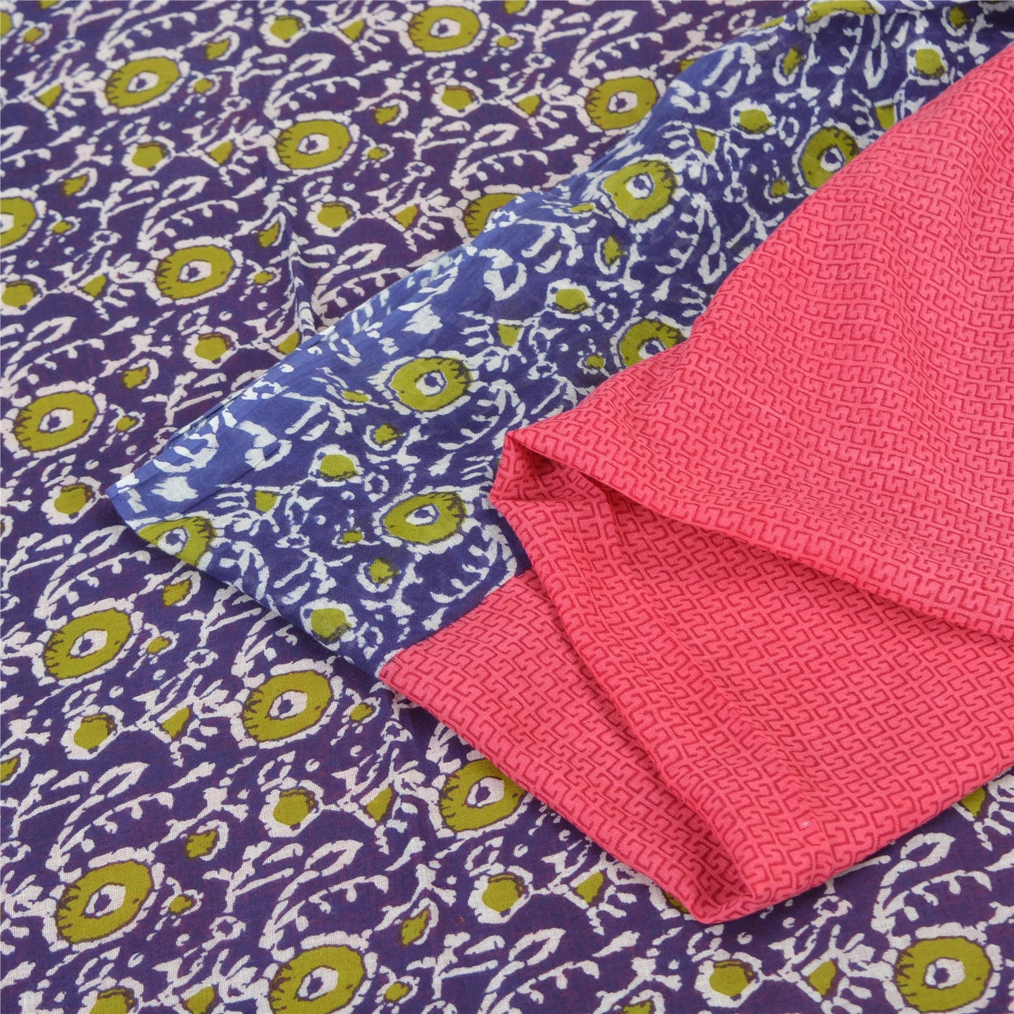 Sanskriti Vintage Sarees Pink/Purple Pure Cotton Printed Sari 5yd Craft Fabric