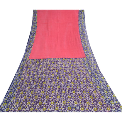 Sanskriti Vintage Sarees Pink/Purple Pure Cotton Printed Sari 5yd Craft Fabric