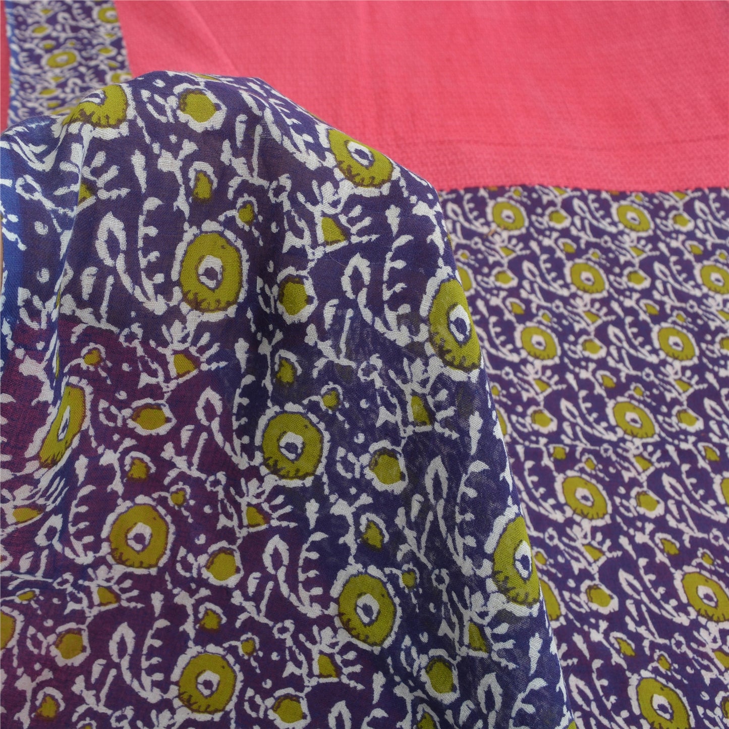 Sanskriti Vintage Sarees Pink/Purple Pure Cotton Printed Sari 5yd Craft Fabric