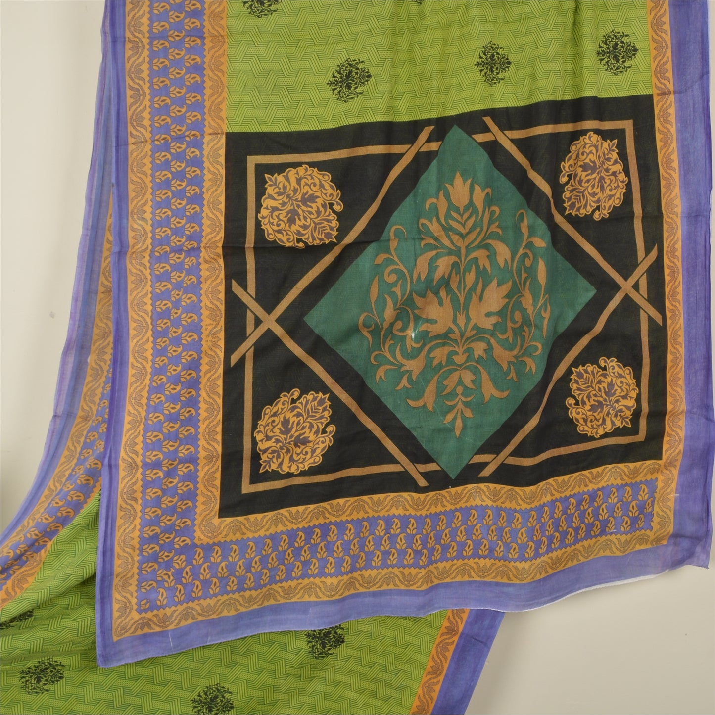 Sanskriti Vintage Sarees Green Pure Cotton Printed Sari 5yd Soft Craft Fabric