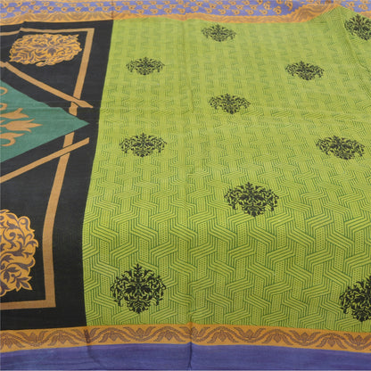 Sanskriti Vintage Sarees Green Pure Cotton Printed Sari 5yd Soft Craft Fabric