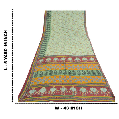 Sanskriti Vintage Sarees Pastal-Green Pure Cotton Printed Sari 5yd Craft Fabric