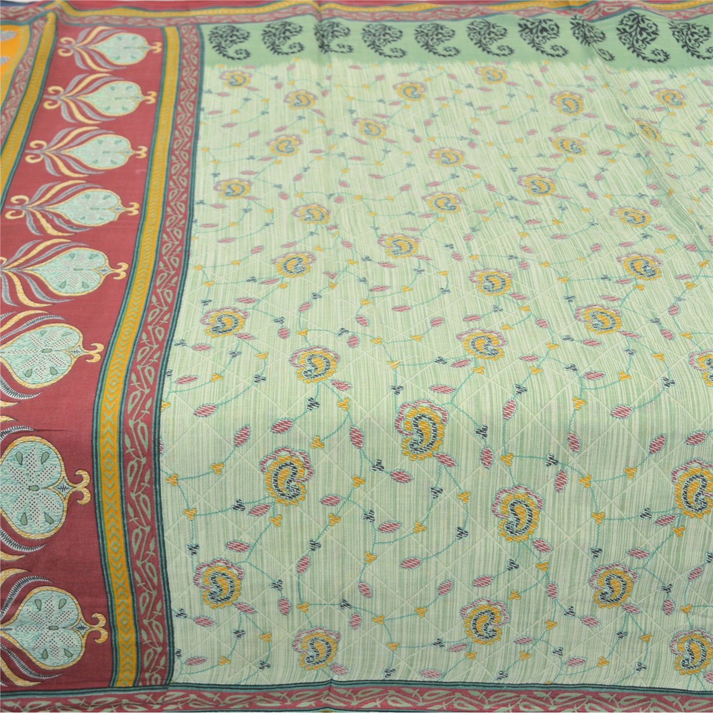 Sanskriti Vintage Sarees Pastal-Green Pure Cotton Printed Sari 5yd Craft Fabric