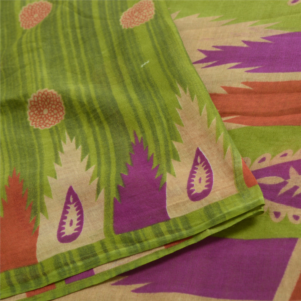 Sanskriti Vintage Sarees Green 100% Pure Cotton Printed Sari 5yd Craft Fabric