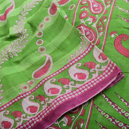 Sanskriti Vintage Sarees Pink/Green Pure Cotton Paisley Printed Sari 5yd Fabric