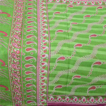 Sanskriti Vintage Sarees Pink/Green Pure Cotton Paisley Printed Sari 5yd Fabric