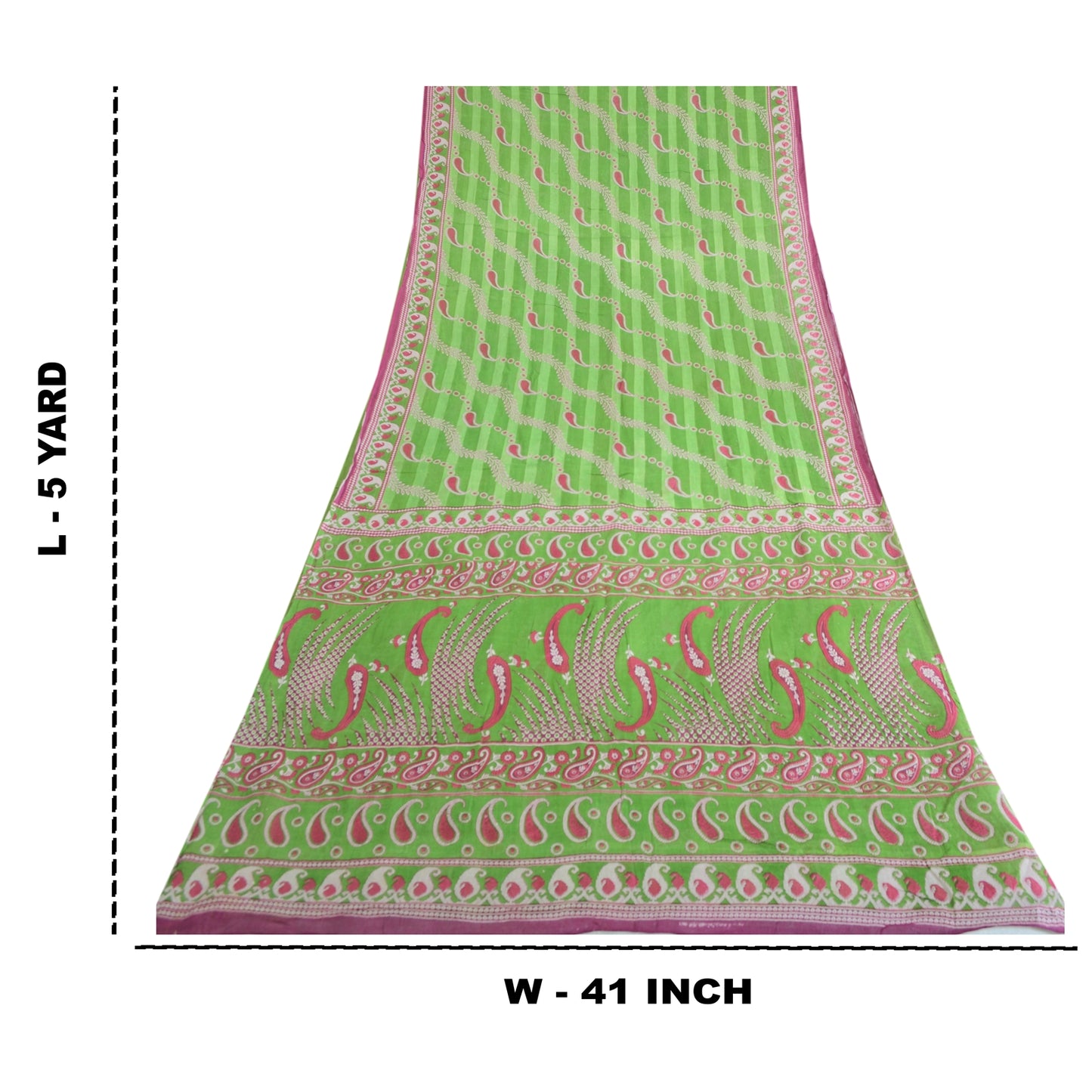 Sanskriti Vintage Sarees Pink/Green Pure Cotton Paisley Printed Sari 5yd Fabric