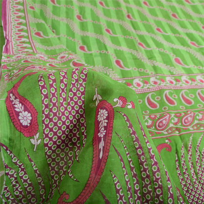 Sanskriti Vintage Sarees Pink/Green Pure Cotton Paisley Printed Sari 5yd Fabric