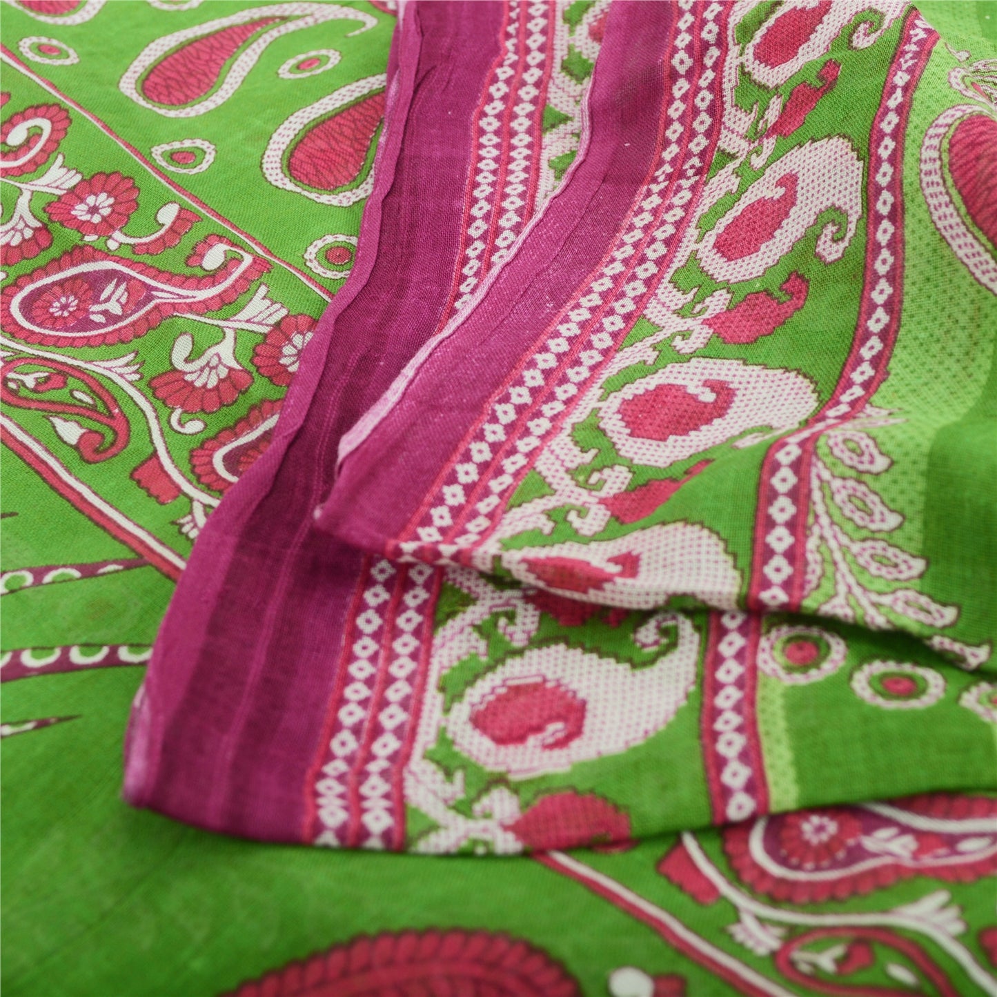 Sanskriti Vintage Sarees Pink/Green Pure Cotton Paisley Printed Sari 5yd Fabric