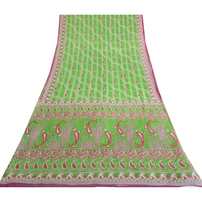 Sanskriti Vintage Sarees Pink/Green Pure Cotton Paisley Printed Sari 5yd Fabric