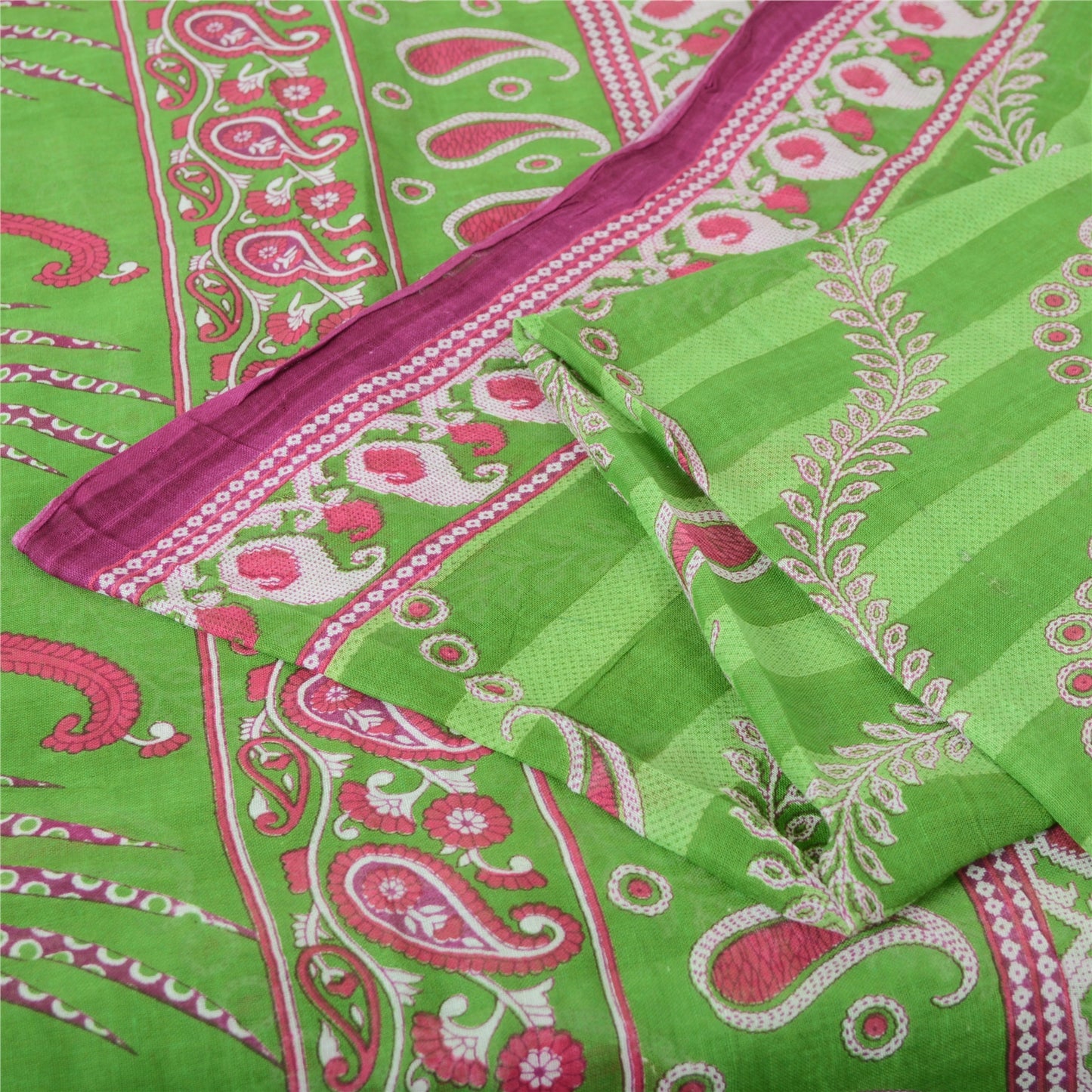 Sanskriti Vintage Sarees Pink/Green Pure Cotton Paisley Printed Sari 5yd Fabric