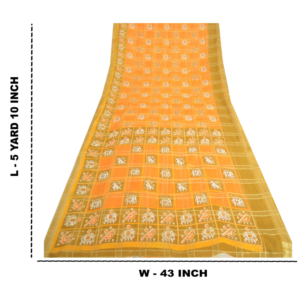 Sanskriti Vintage Sarees Yellow Pure Cotton Patan Patola Ikat Print Sari Fabric