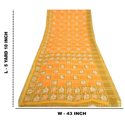 Sanskriti Vintage Sarees Yellow Pure Cotton Patan Patola Ikat Print Sari Fabric