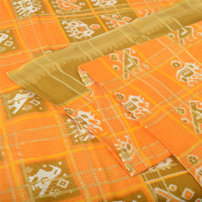 Sanskriti Vintage Sarees Yellow Pure Cotton Patan Patola Ikat Print Sari Fabric