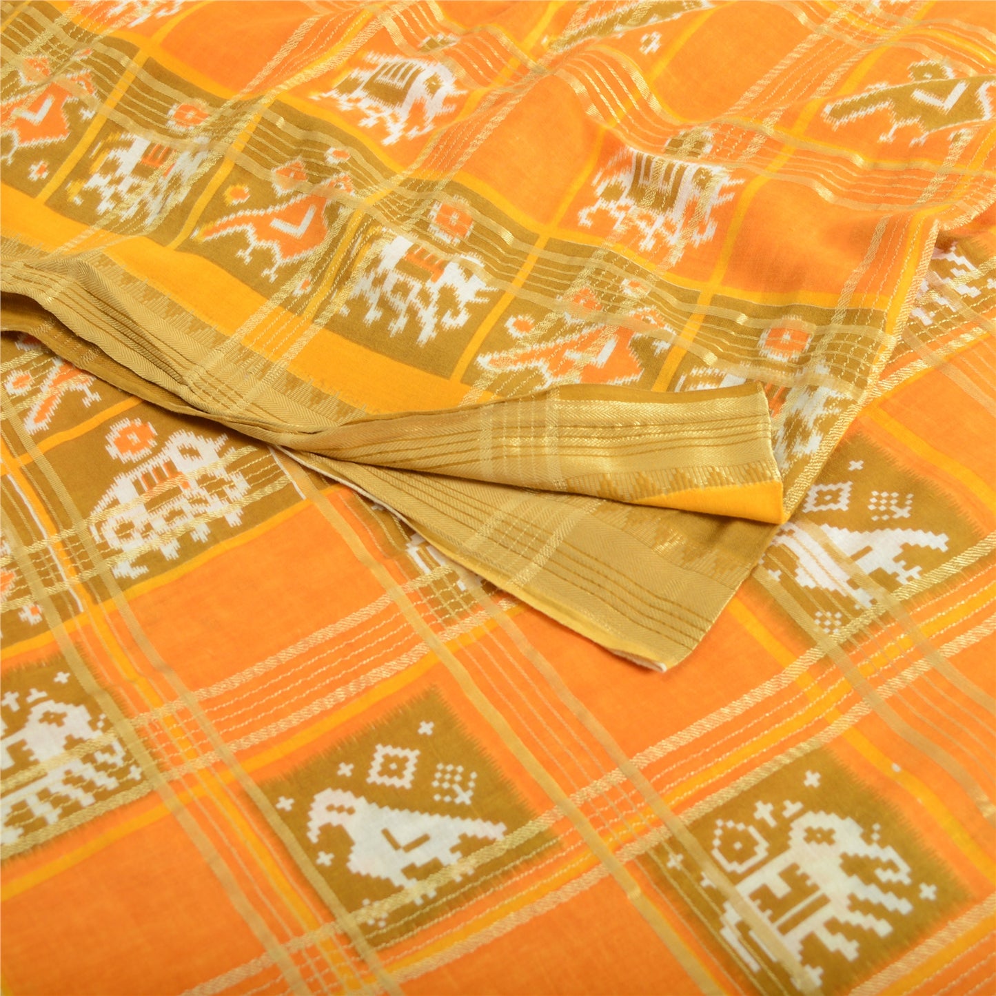 Sanskriti Vintage Sarees Yellow Pure Cotton Patan Patola Ikat Print Sari Fabric