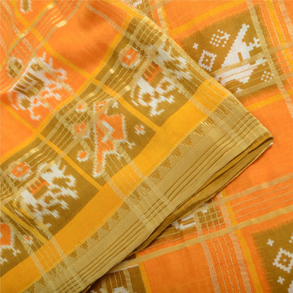 Sanskriti Vintage Sarees Yellow Pure Cotton Patan Patola Ikat Print Sari Fabric